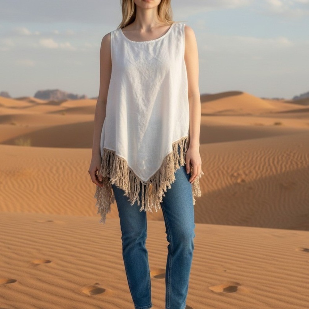 Chintamani Alchemistry White Linen Fringe Tank Top Boho Pointed Hem XL